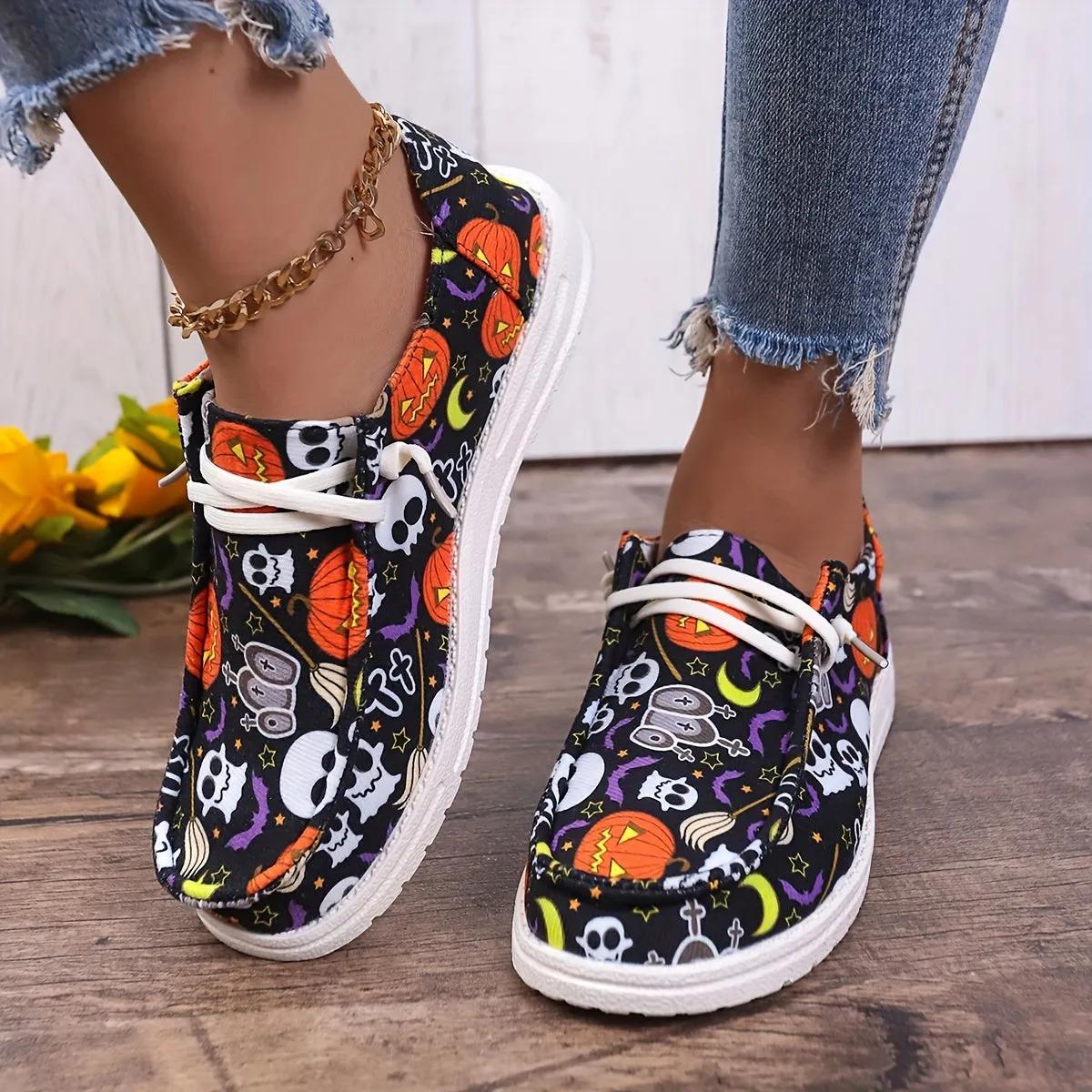 Women's Halloween Horror-Style Skateboard Shoes | Non-Slip Flat Shoes with Soft Bottom Skate Shoes | Lightweight Lace-Up Outdoor Shoes