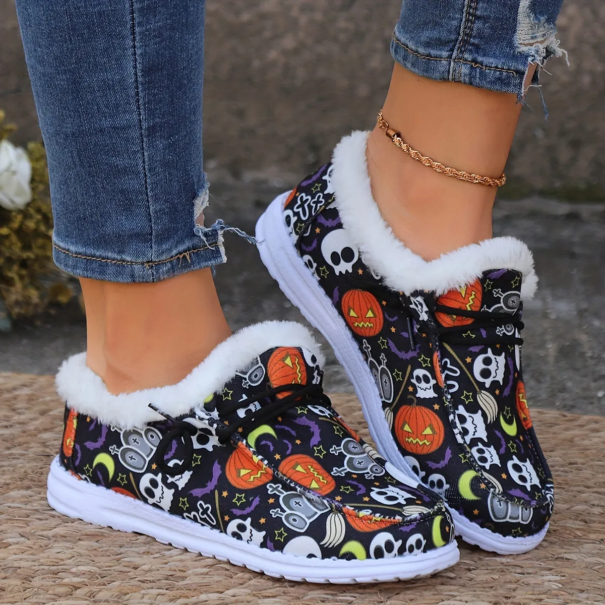 Women's Halloween Horror-Style Skateboard Shoes | Non-Slip Flat Shoes with Soft Bottom Skate Shoes | Lightweight Lace-Up Outdoor Shoes