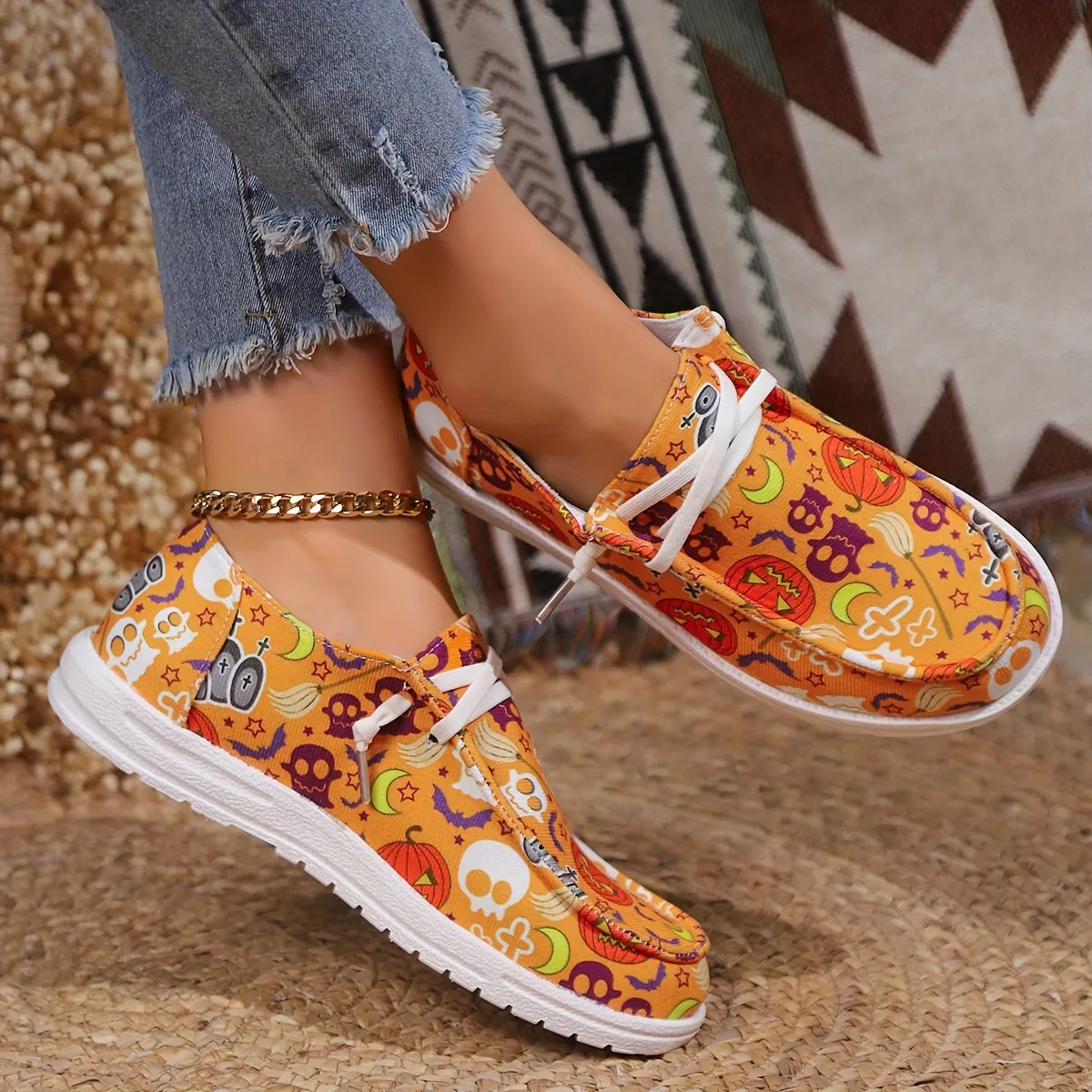 Women's Halloween Horror-Style Skateboard Shoes | Non-Slip Flat Shoes with Soft Bottom Skate Shoes | Lightweight Lace-Up Outdoor Shoes