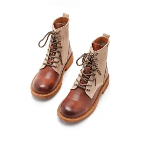 Women's Handmade Leather Short Boots Lace Up Combat Boots in Brown/Brown Short Plush