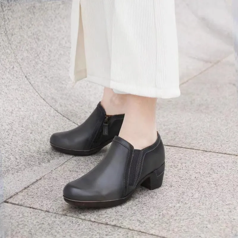 Women's Leather Booties Round Toe Block Heel Ankle Boots Handmade in Black/Gray