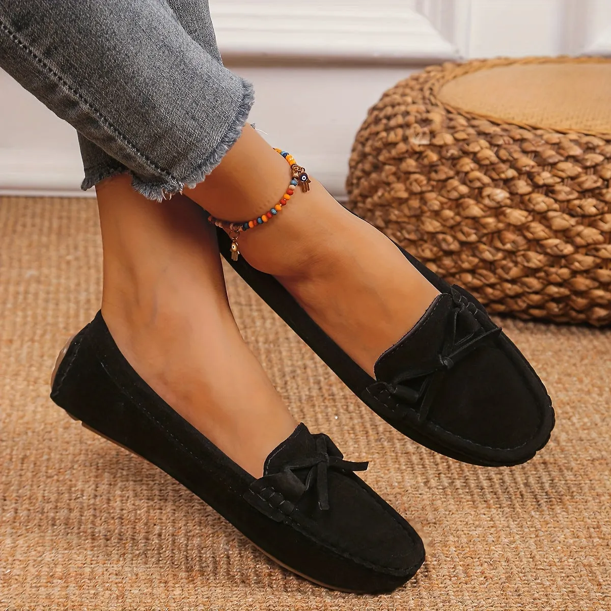 Women's Retro Flat Loafers, Bow Detail Round Toe Slip On Shoes, Casual Soft Sole Casual Wear Shoes