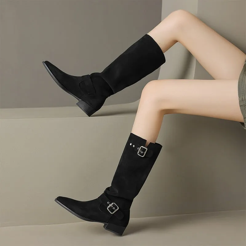 Womens Suede Leather Knee High Boots with Buckles In Black/Brown