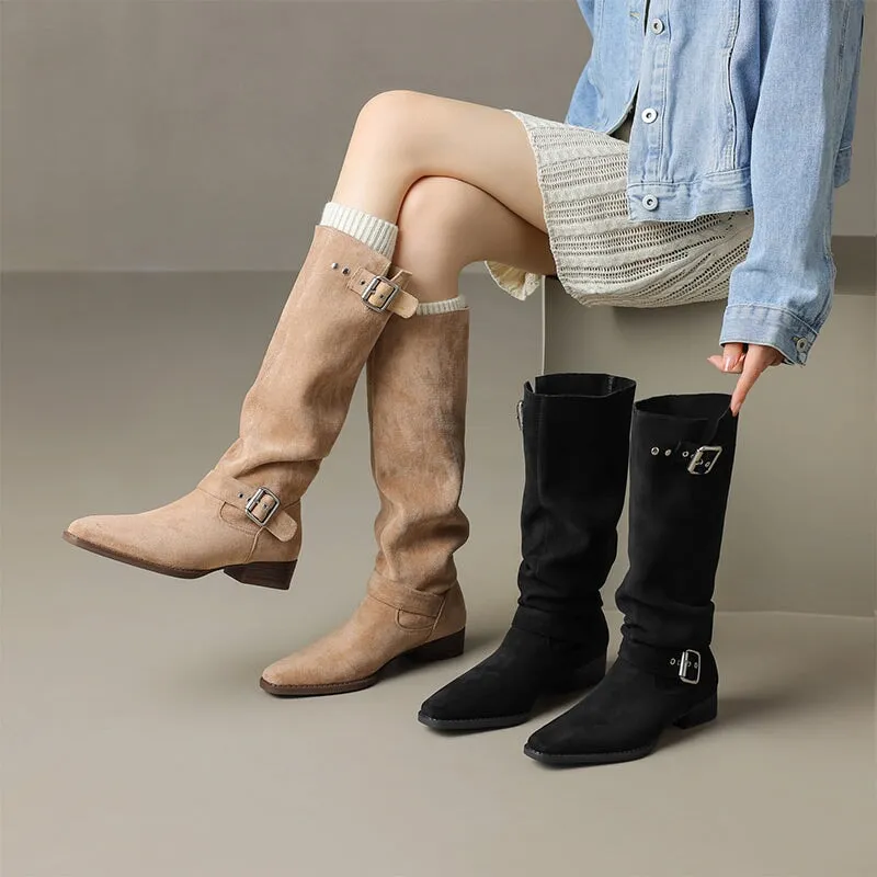 Womens Suede Leather Knee High Boots with Buckles In Black/Brown