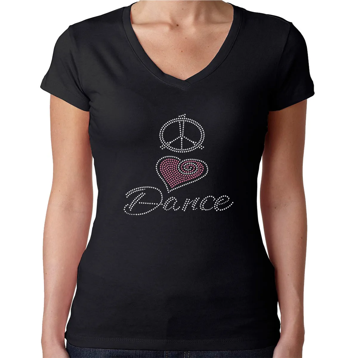 Womens T-Shirt Rhinestone Bling Black Fitted Tee Peace Love Dance Pink Heart