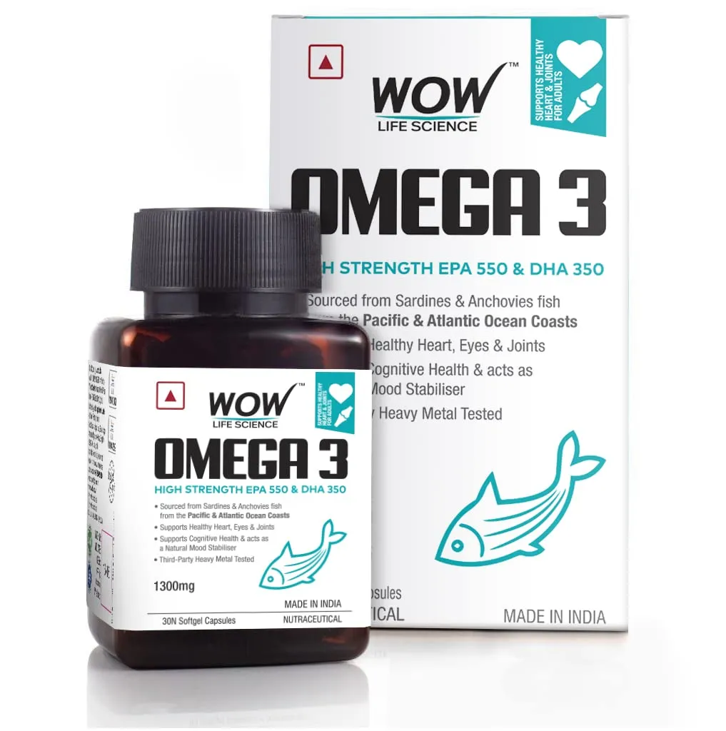 WOW Life Science Omega-3 Fish Oil 1300mg - 30 Capsules| For Men & Women | 3X Strength - 550 mg EPA & 350 mg DHA| For Muscle & Joint Support, Healthy Heart & Cognitive Support| No Fishy Burps