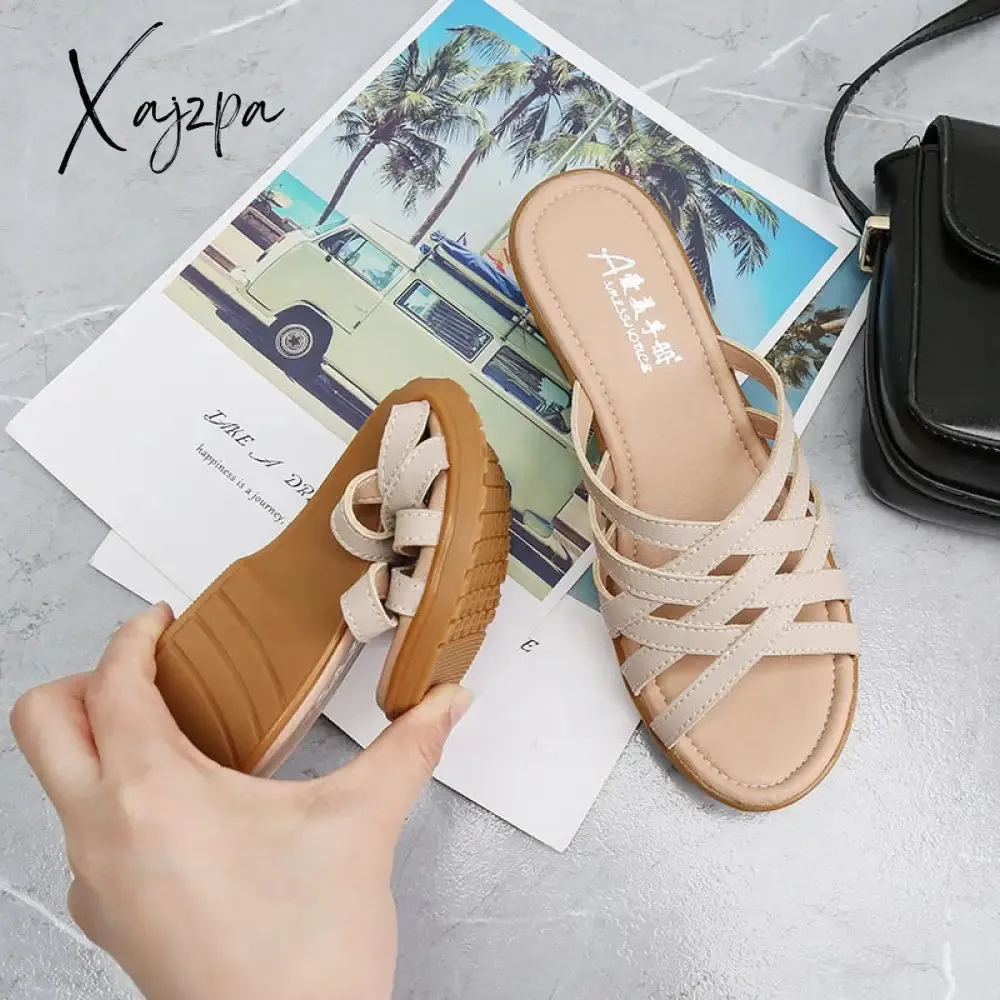 Xajzpa - Big Size Outside Wear Slippers Women 2023 New Summer Shoes Flat Shoes Hollow Soft Wedge with Mother Skin Slippers