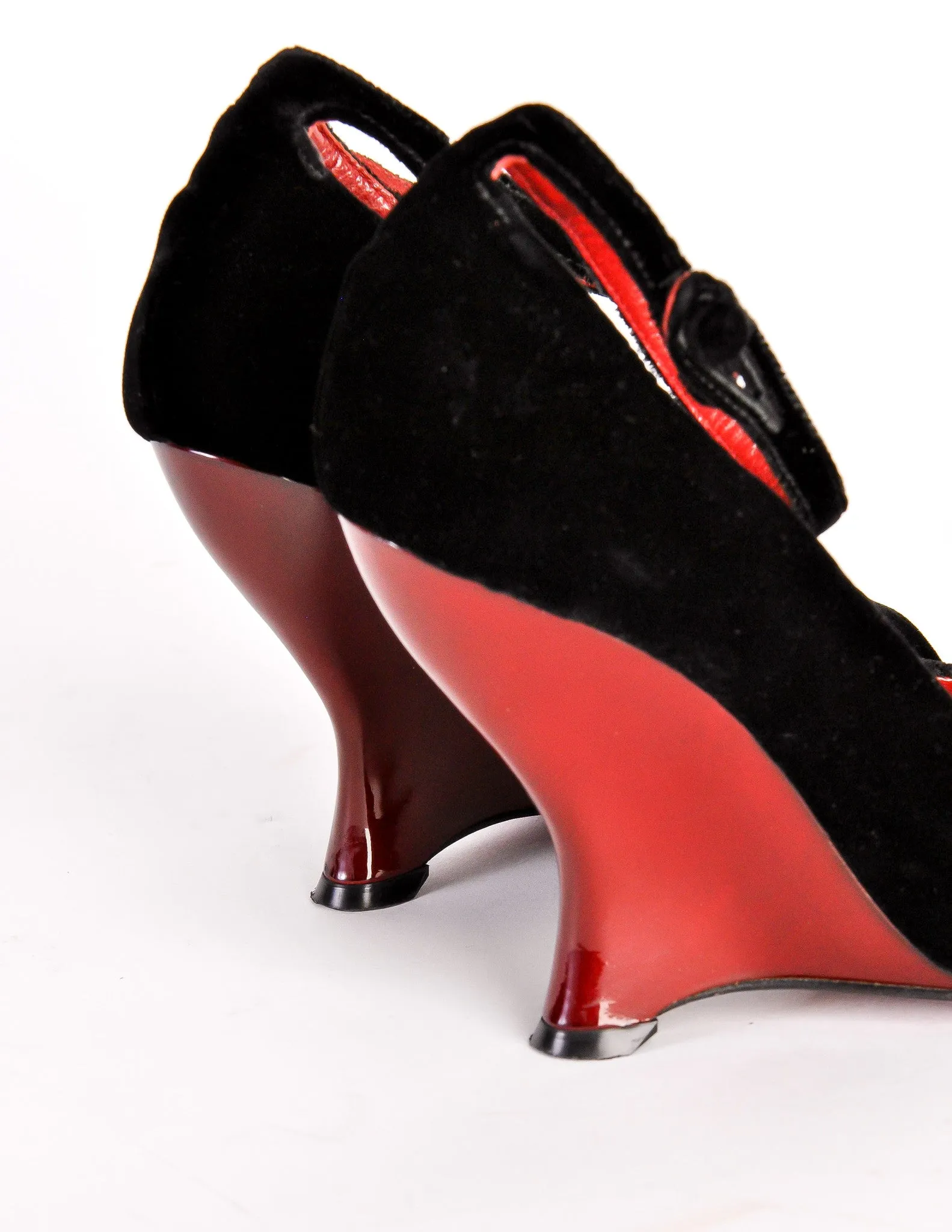 Yves Saint Laurent Vintage Black Velvet & Red Curved Wedge Heels